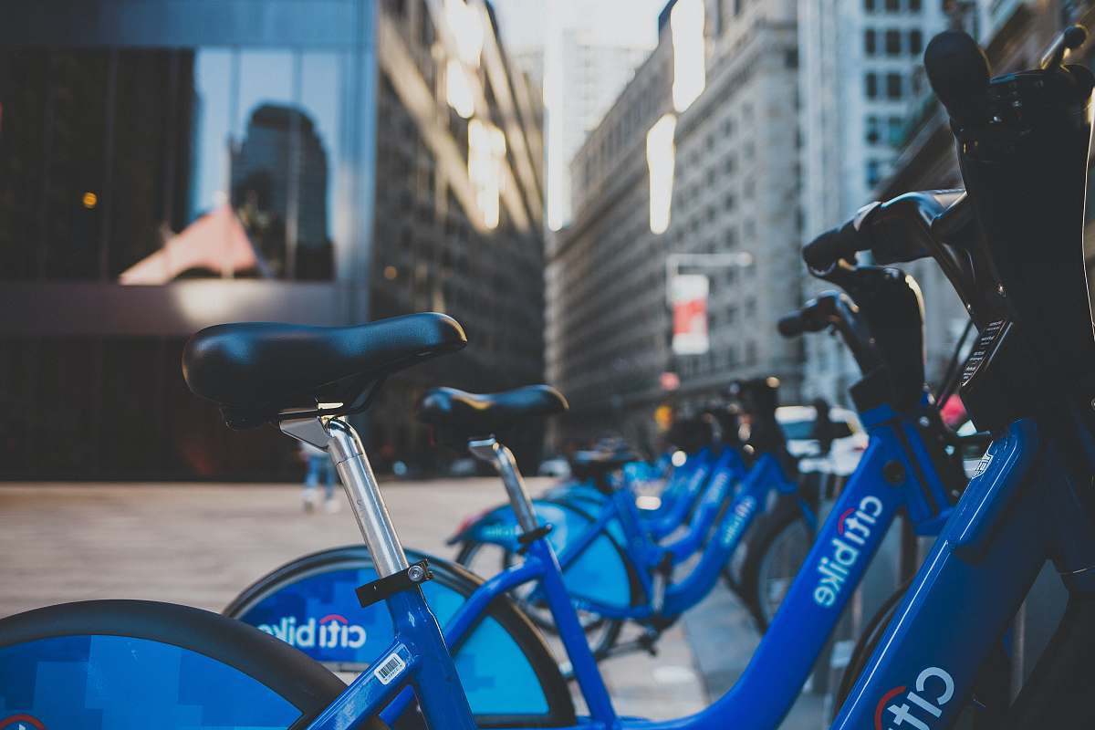 bicycle blue Citi Bike bicycles parked on sidewalk bike